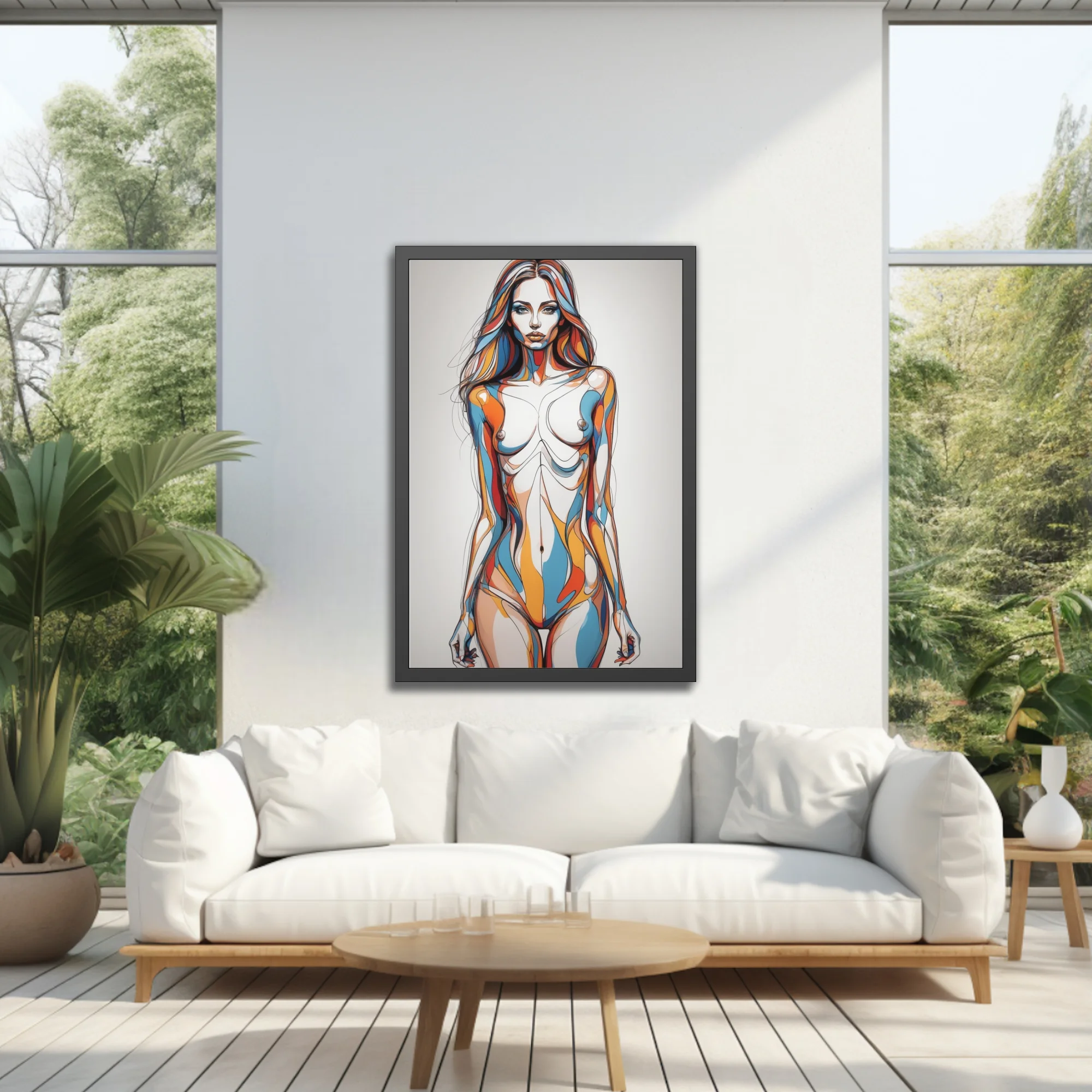 Abstract female figure study bold line art blue orange red fluid contours