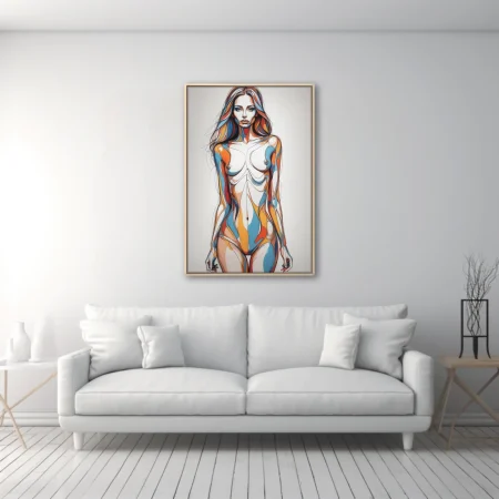 Abstract female figure study bold line art blue orange red fluid contours