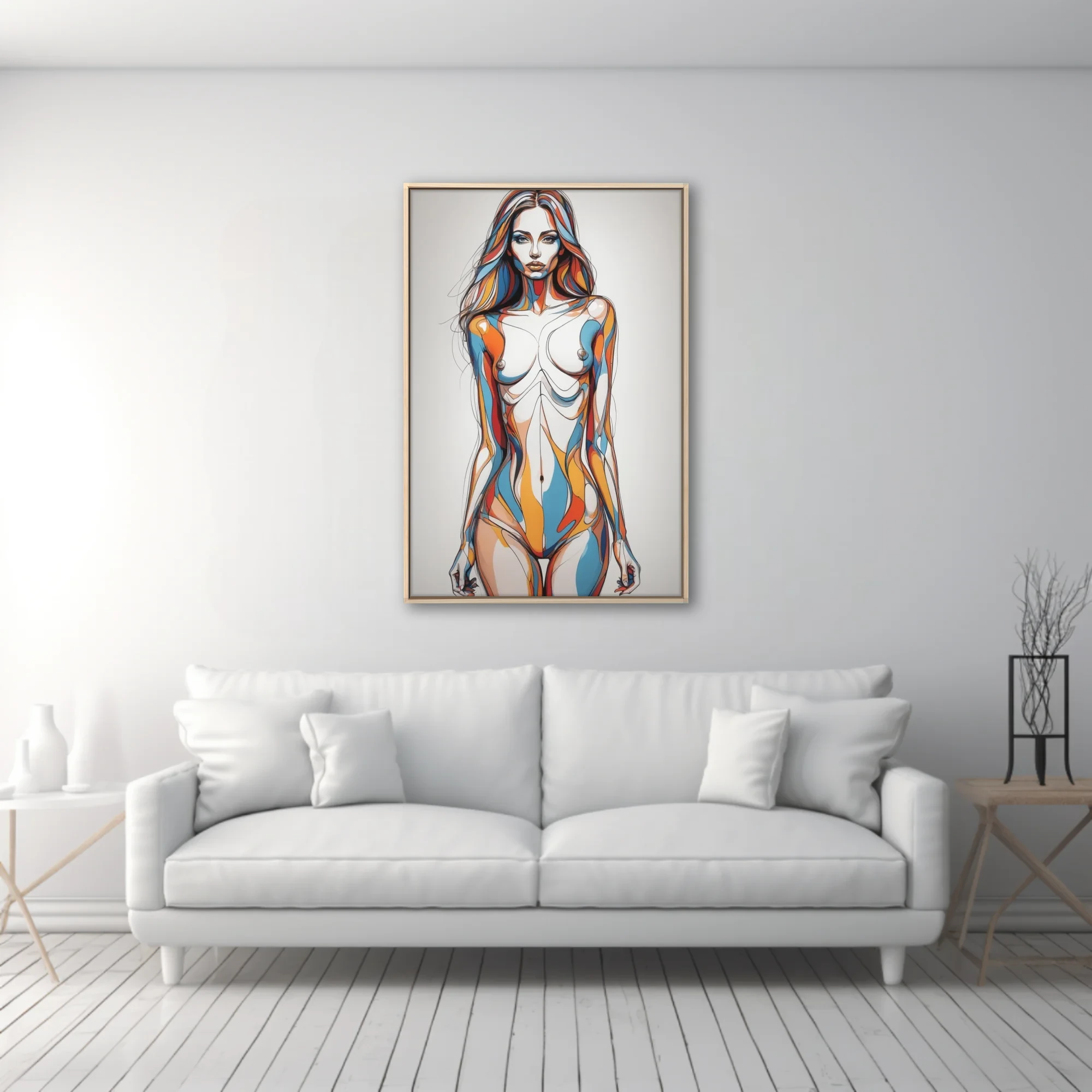Abstract female figure study bold line art blue orange red fluid contours