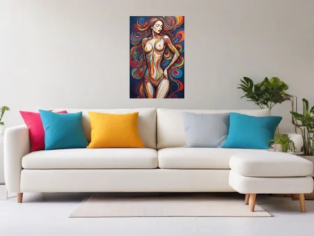 Psychedelic line-art nude figure with swirling multicolor forms on deep blue