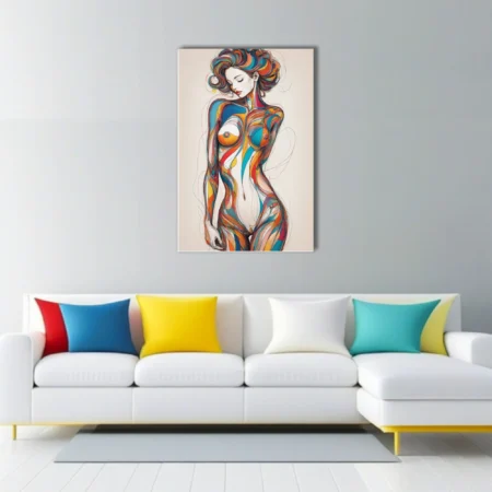 Colorful abstract female figure study with swirling line art in teal, orange, and red