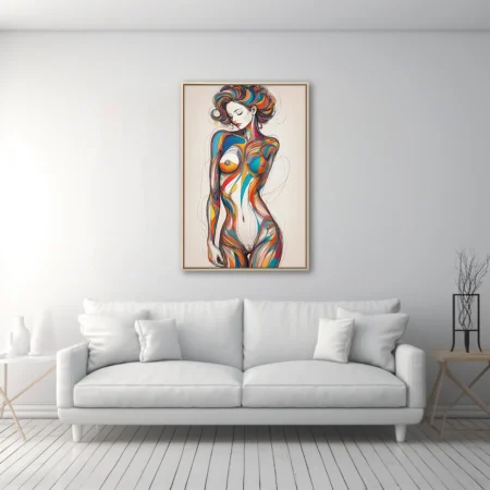 Colorful abstract female figure study with swirling line art in teal, orange, and red