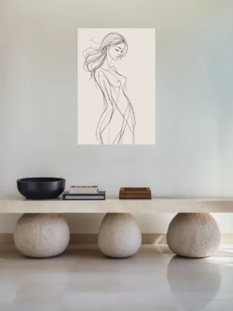 Minimalist line art nude figure study, gestural ink-style contour drawing, ivory ground