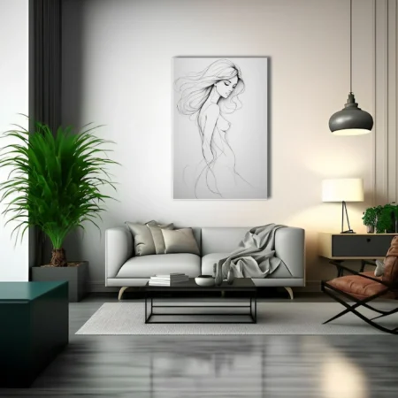 Minimalist line-art female figure study, flowing hair, monochrome ink-style contour drawing