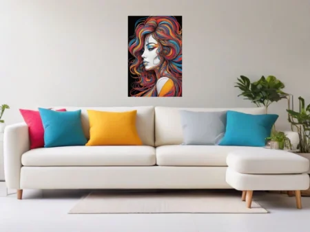 Colorful abstract line-art portrait with swirling rainbow hair on black background