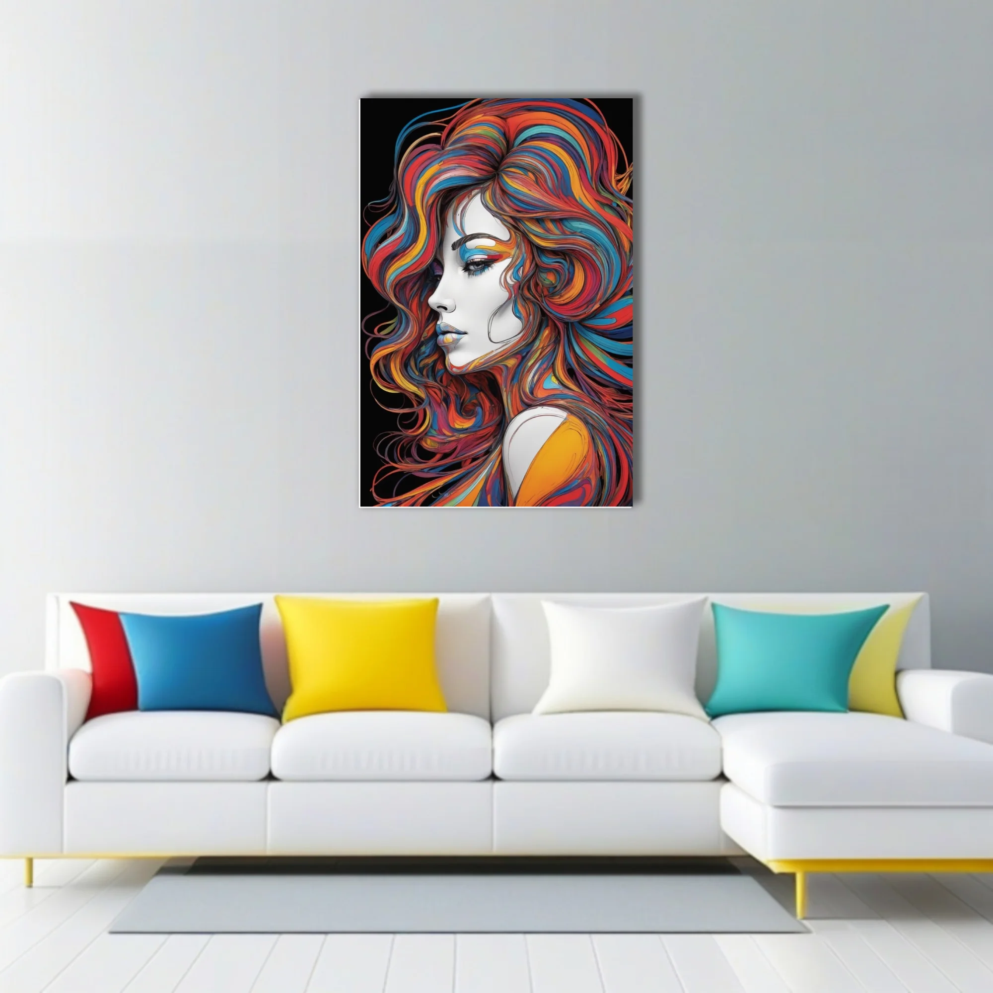 Colorful abstract line-art portrait with swirling rainbow hair on black background