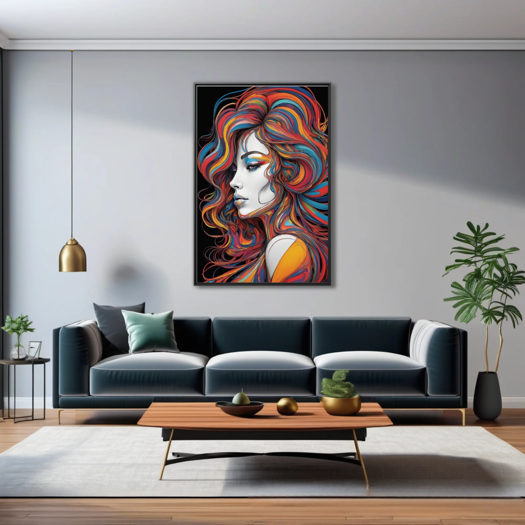Colorful abstract line-art portrait with swirling rainbow hair on black background