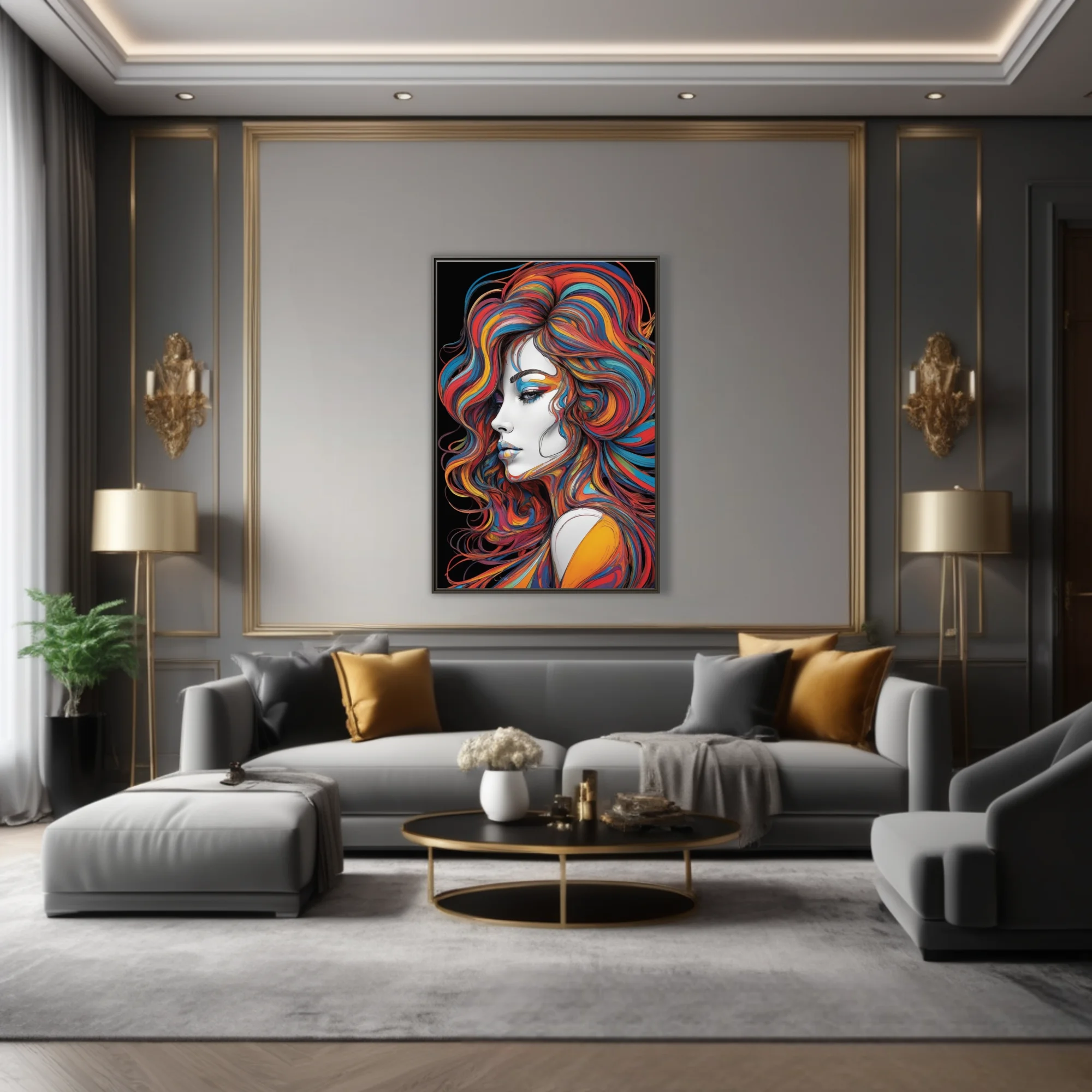 Colorful abstract line-art portrait with swirling rainbow hair on black background