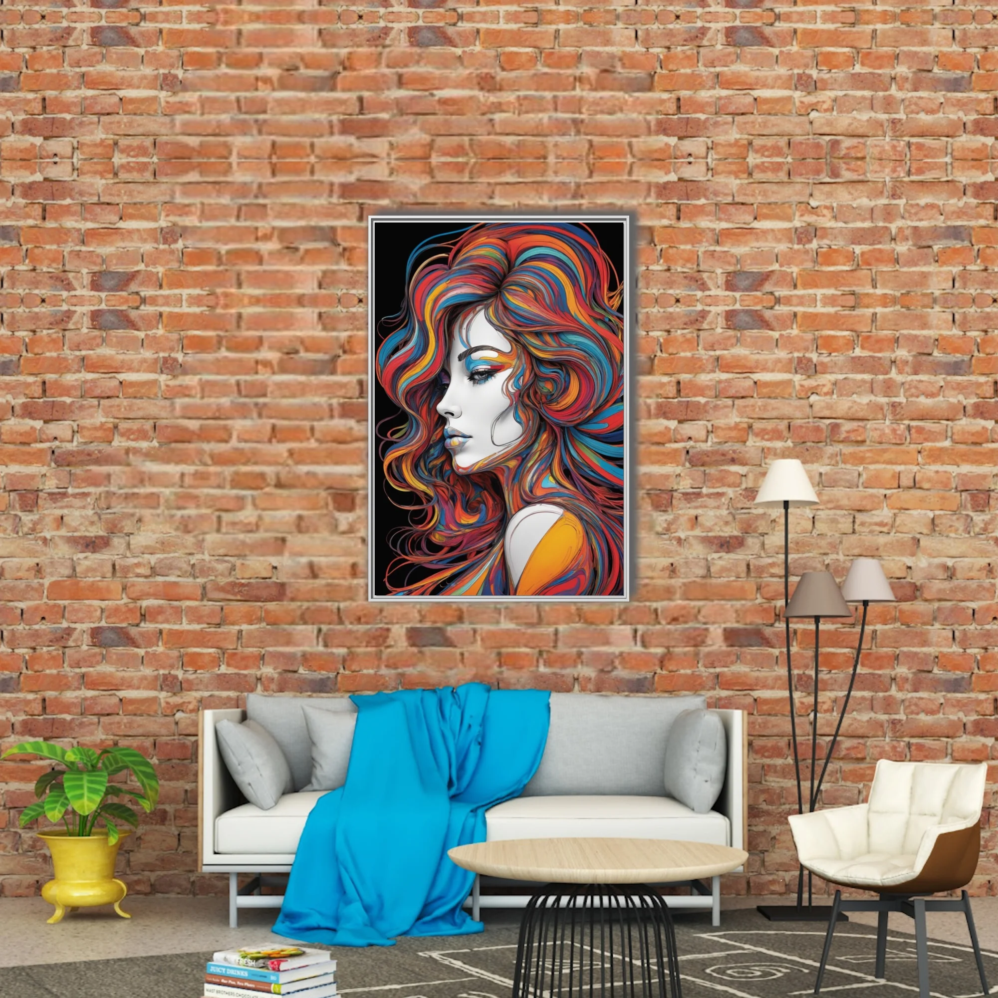 Colorful abstract line-art portrait with swirling rainbow hair on black background