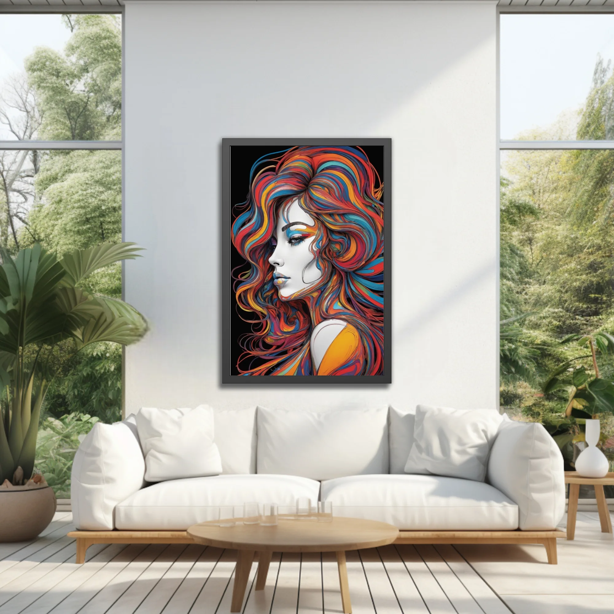Colorful abstract line-art portrait with swirling rainbow hair on black background