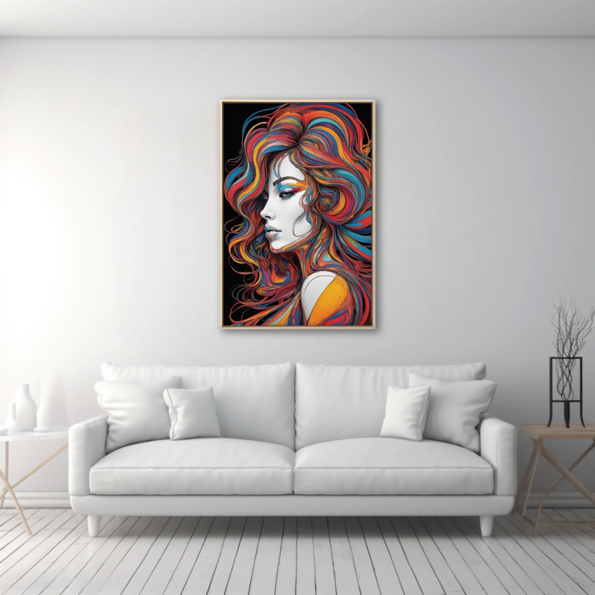 Colorful abstract line-art portrait with swirling rainbow hair on black background