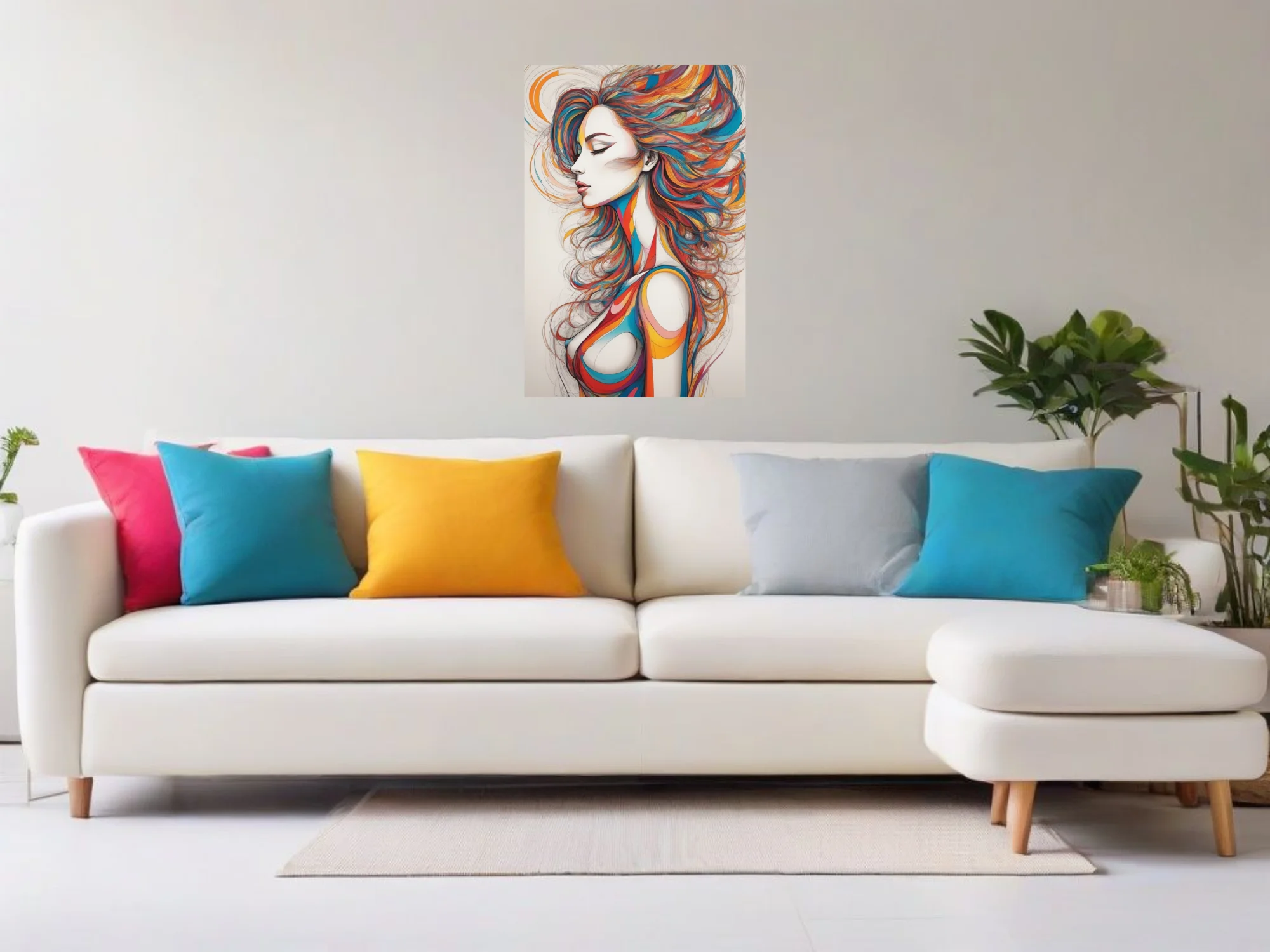 Colorful abstract female figure line art with flowing multicolor hair, bold graphic style
