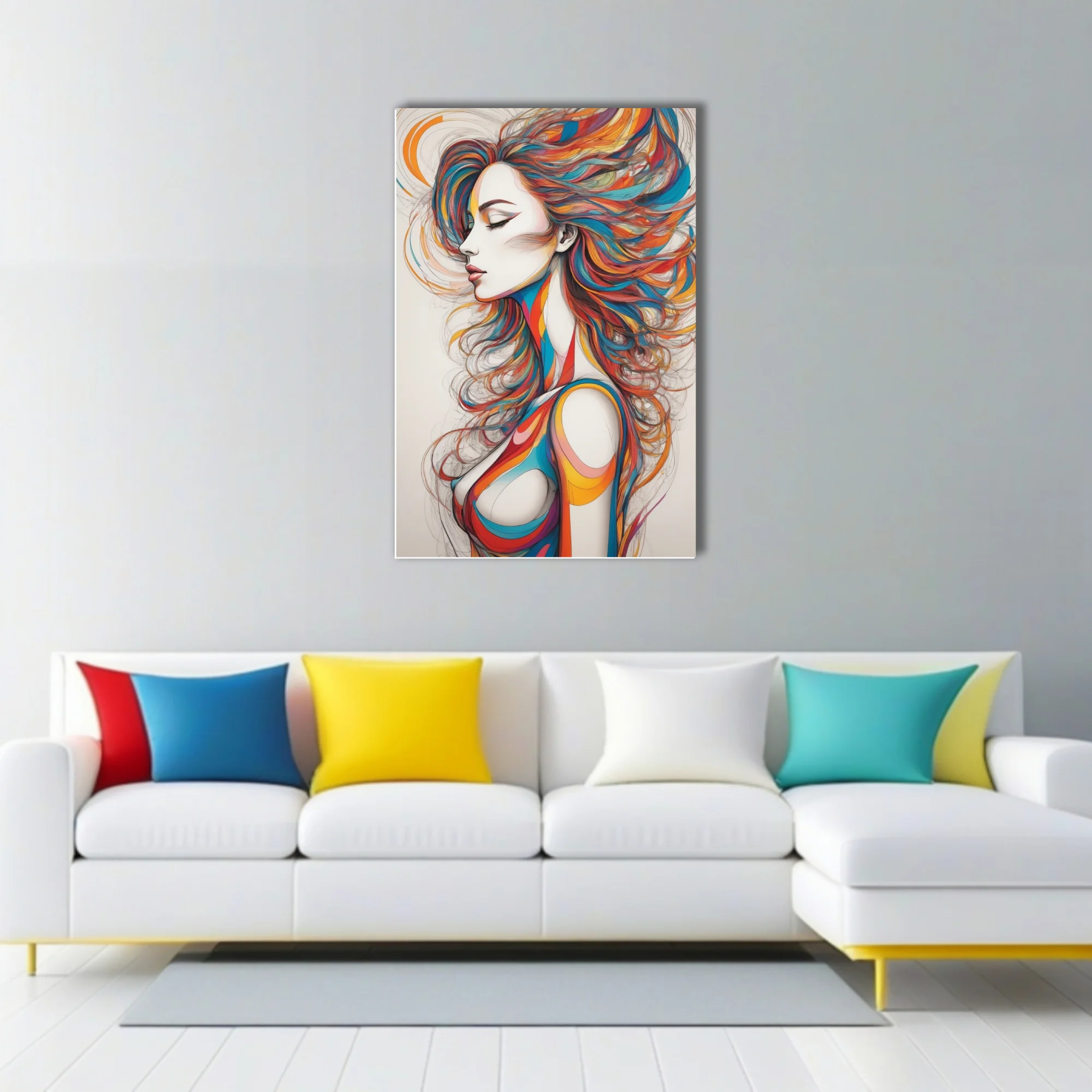 Colorful abstract female figure line art with flowing multicolor hair, bold graphic style