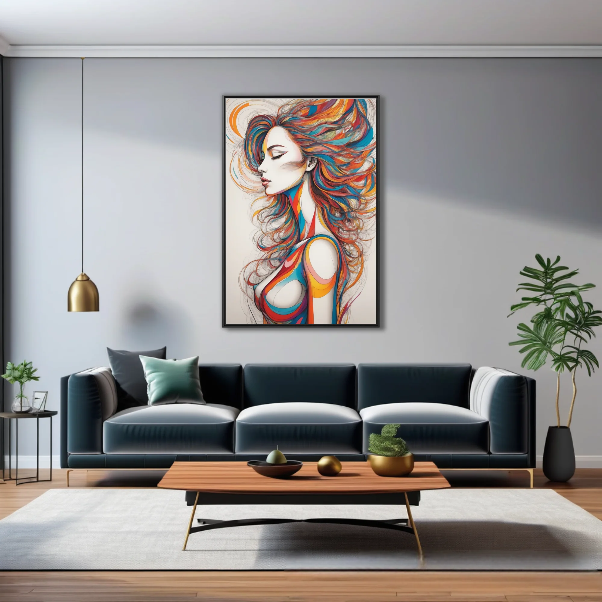 Colorful abstract female figure line art with flowing multicolor hair, bold graphic style