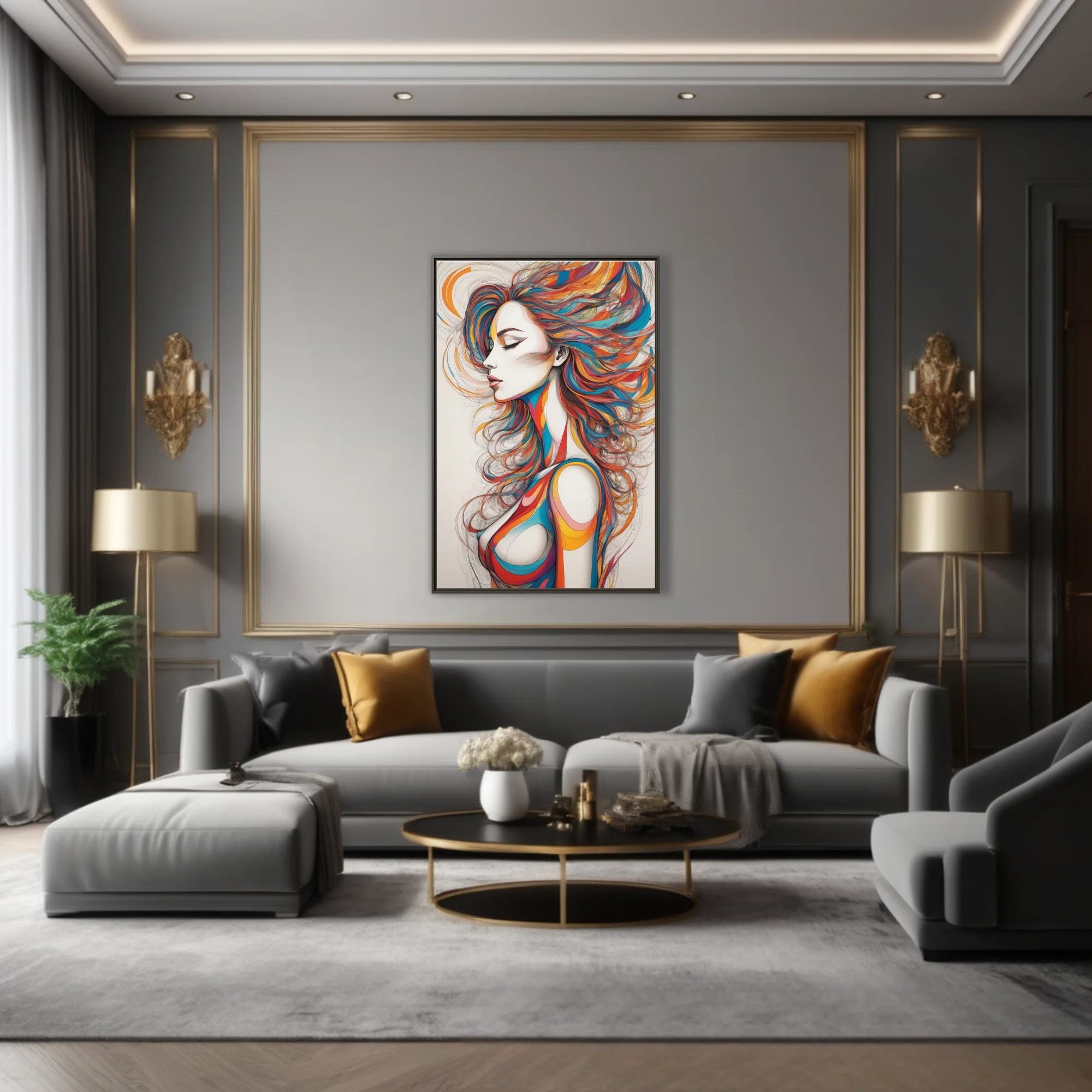 Colorful abstract female figure line art with flowing multicolor hair, bold graphic style