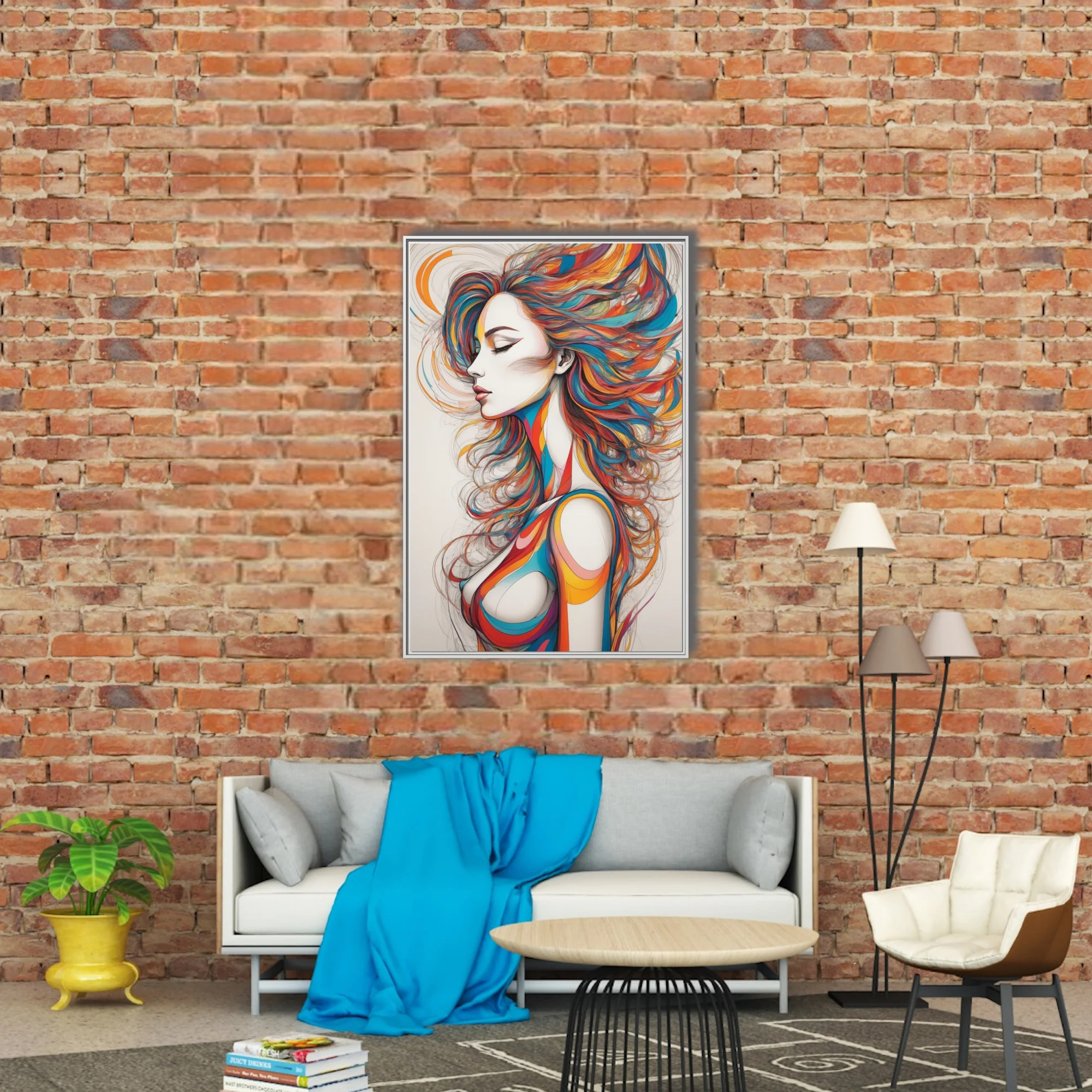 Colorful abstract female figure line art with flowing multicolor hair, bold graphic style