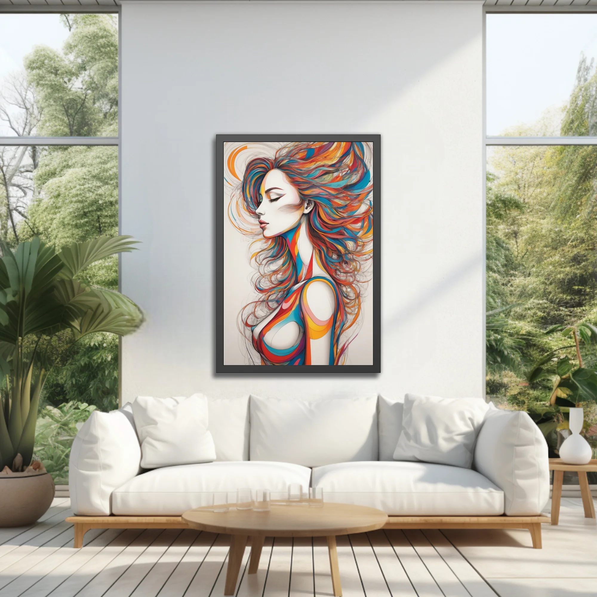 Colorful abstract female figure line art with flowing multicolor hair, bold graphic style