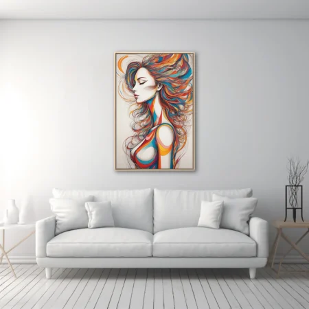 Colorful abstract female figure line art with flowing multicolor hair, bold graphic style