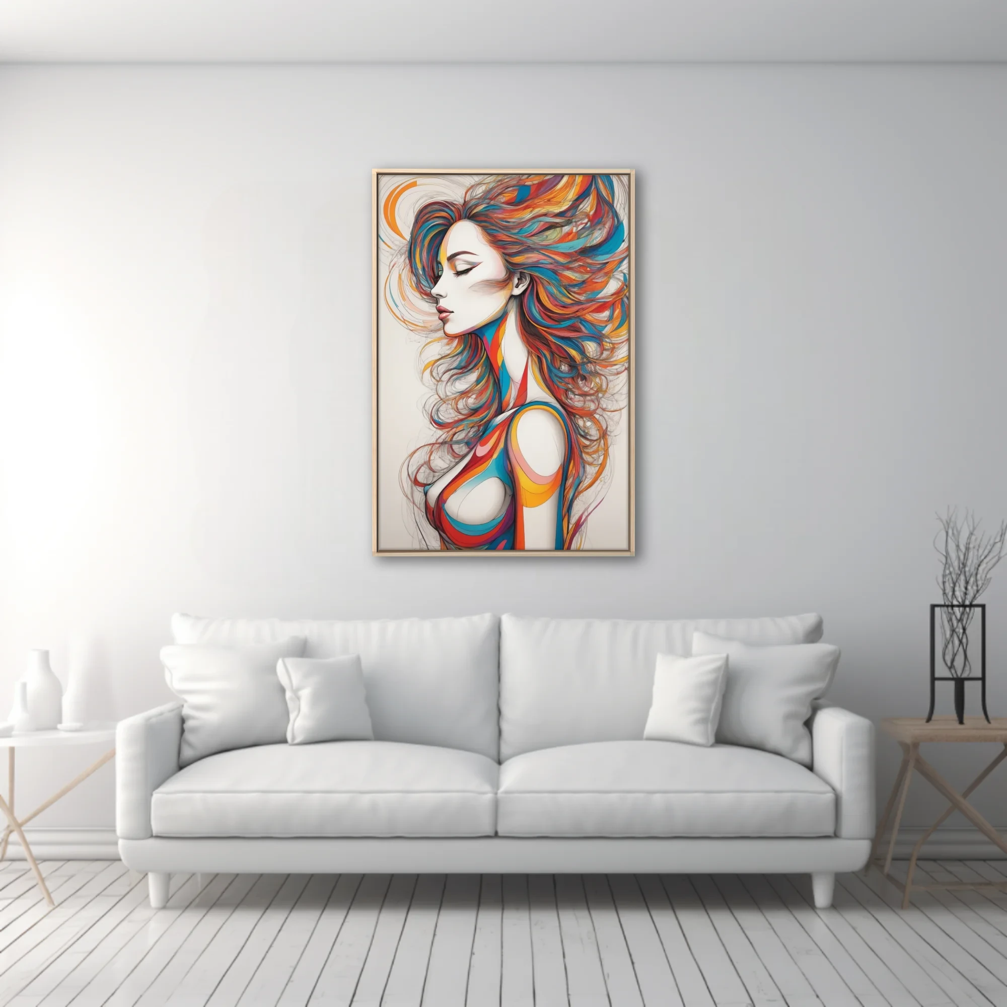 Colorful abstract female figure line art with flowing multicolor hair, bold graphic style