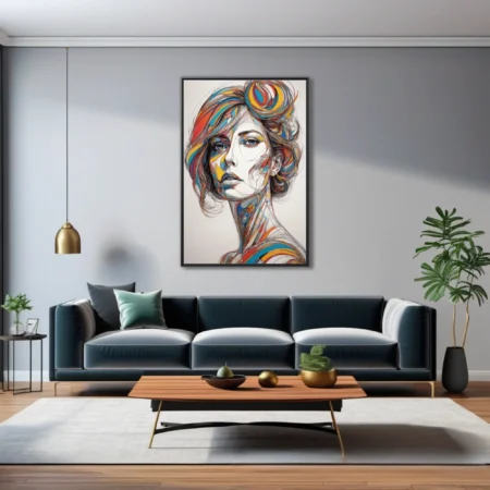 Abstract colorful line-art woman portrait with swirling multicolor hair and bold graphic detail