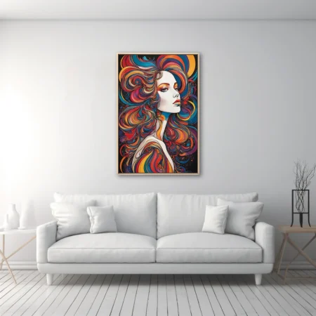 Psychedelic graphic female portrait with swirling rainbow hair, bold linework