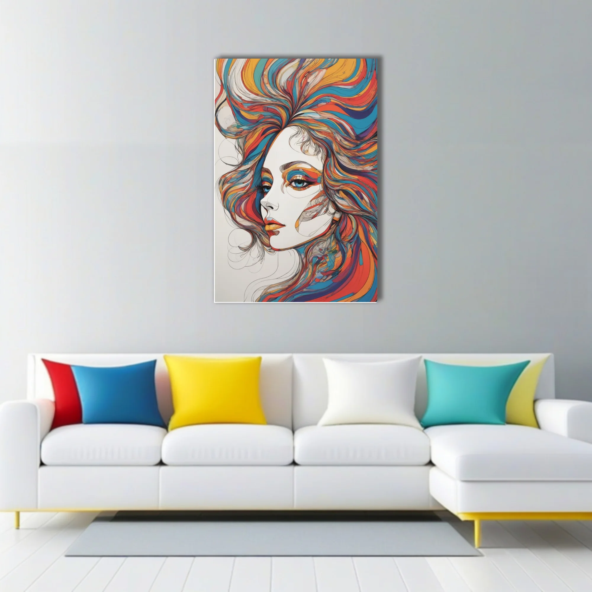 Abstract colorful line-art woman portrait with swirling multicolor hair in teal, orange and red