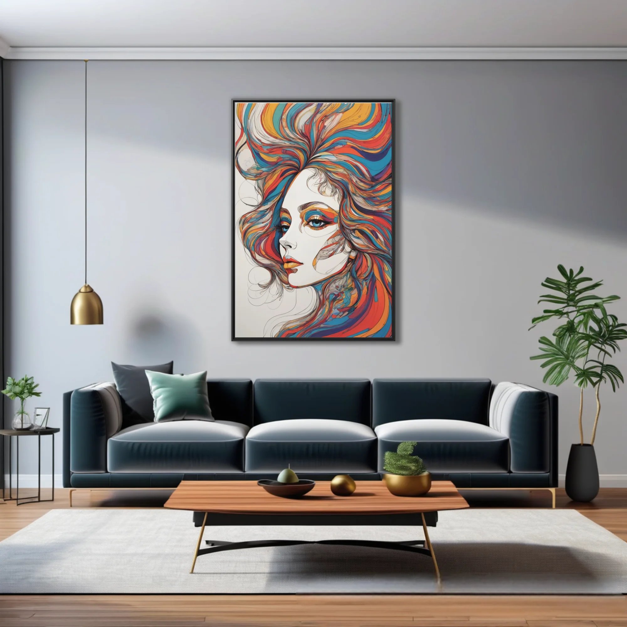 Abstract colorful line-art woman portrait with swirling multicolor hair in teal, orange and red
