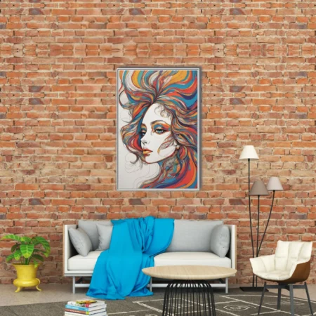 Abstract colorful line-art woman portrait with swirling multicolor hair in teal, orange and red