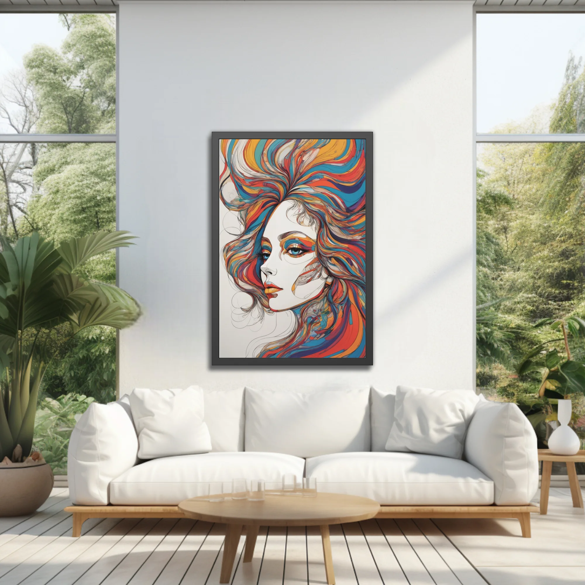 Abstract colorful line-art woman portrait with swirling multicolor hair in teal, orange and red
