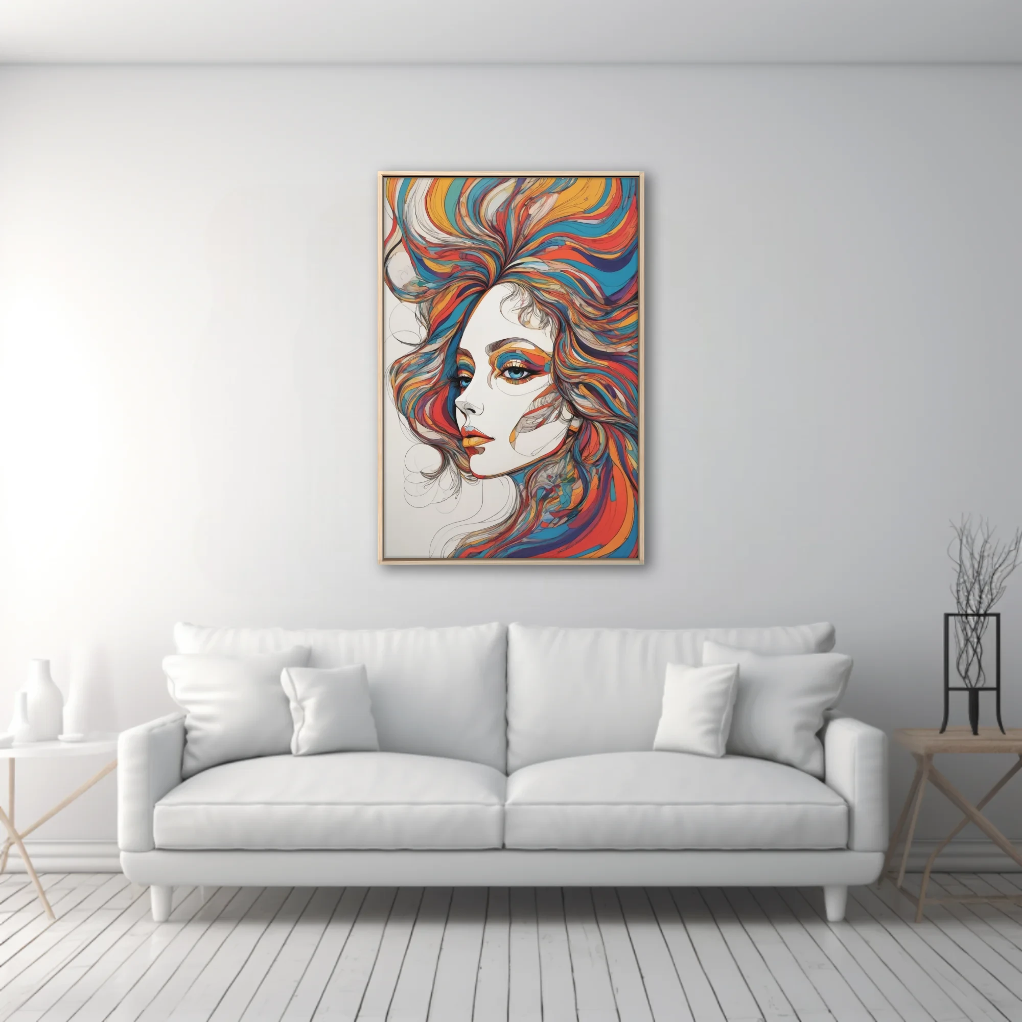Abstract colorful line-art woman portrait with swirling multicolor hair in teal, orange and red
