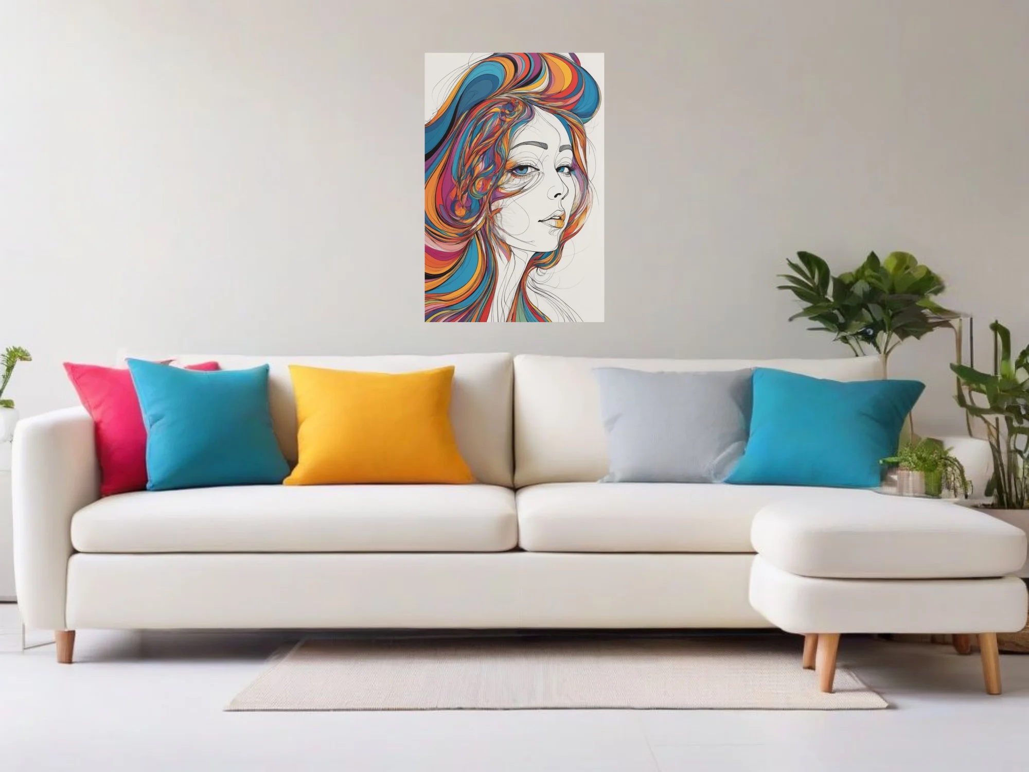Contemporary line-art portrait of woman with swirling rainbow hair on white, bold and expressive
