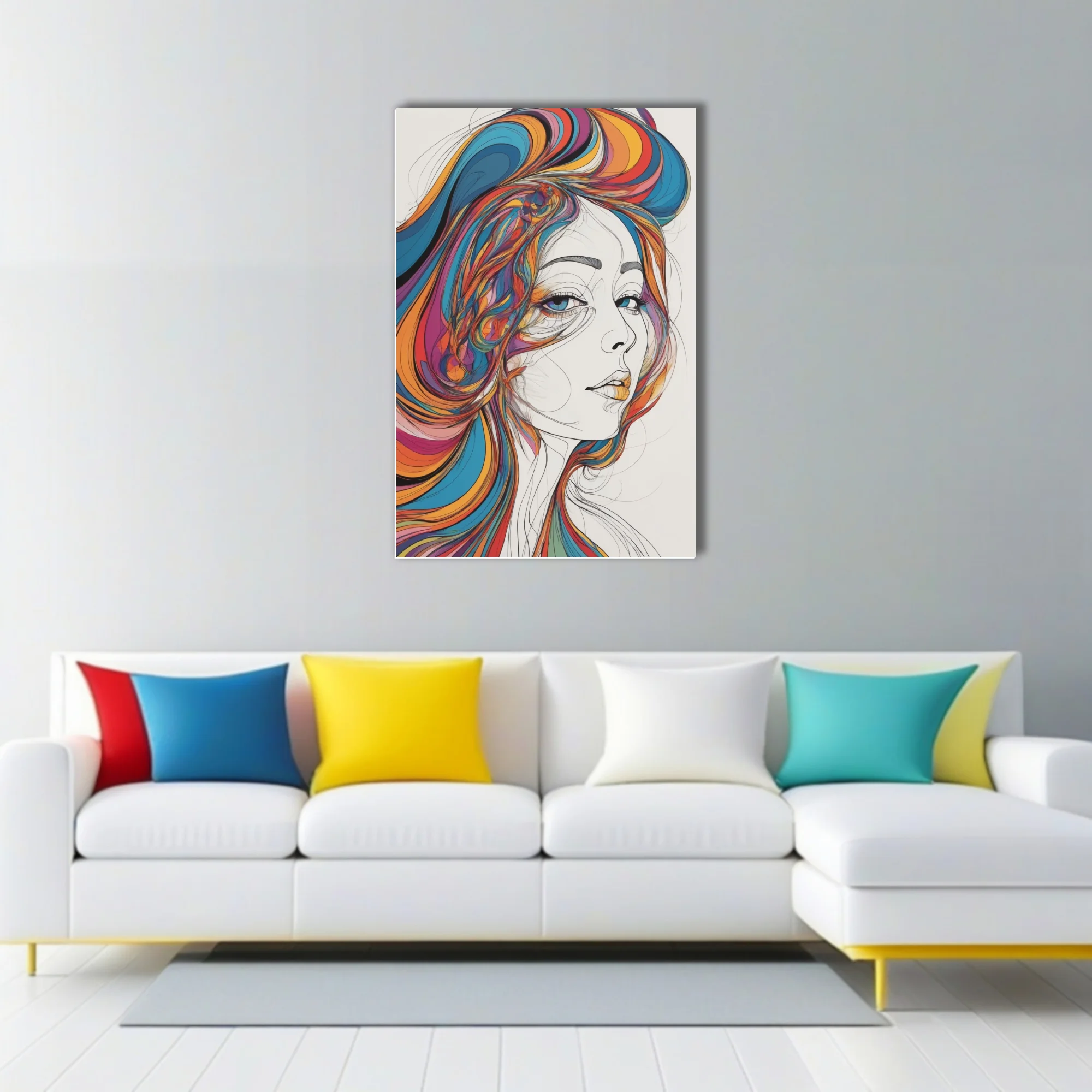 Contemporary line-art portrait of woman with swirling rainbow hair on white, bold and expressive