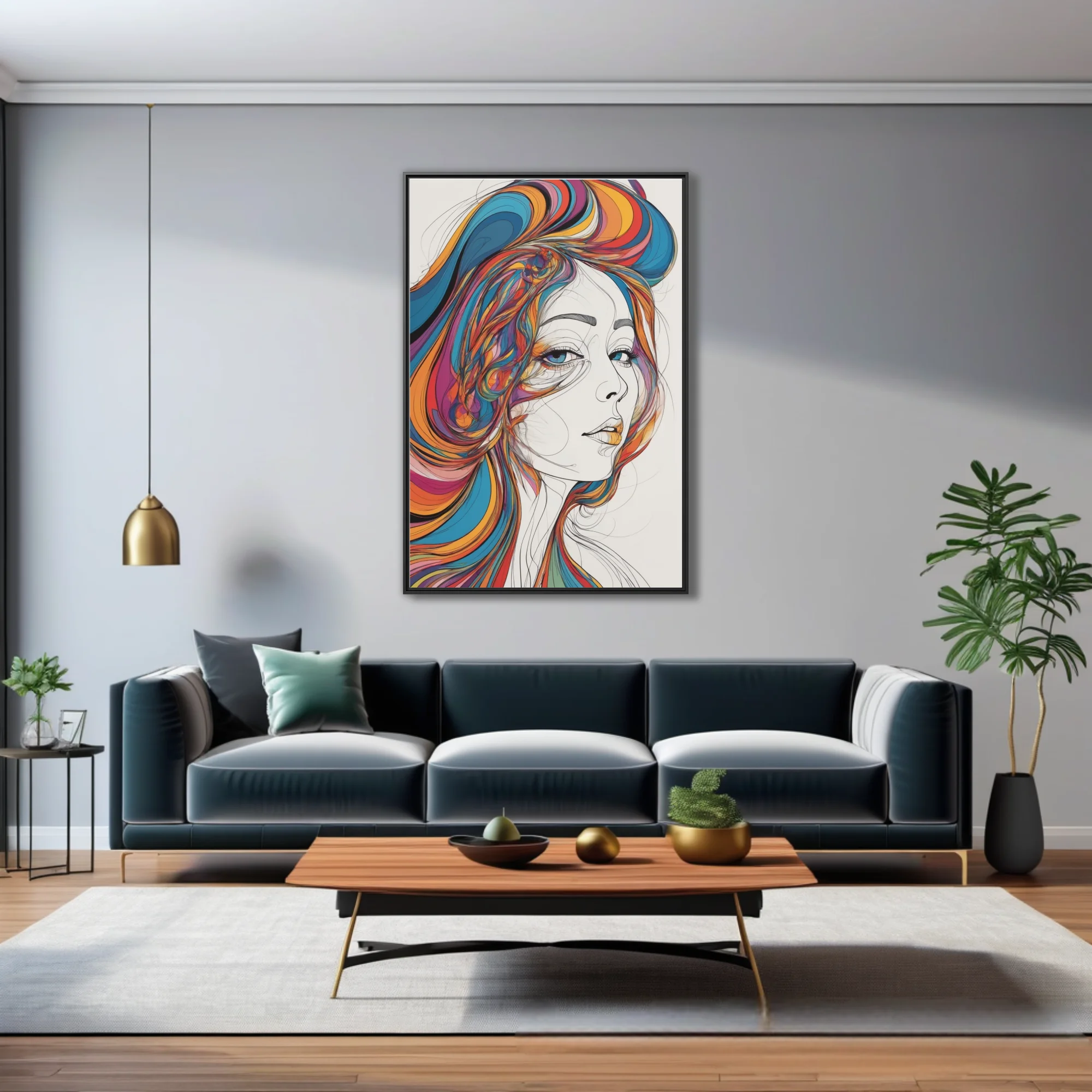 Contemporary line-art portrait of woman with swirling rainbow hair on white, bold and expressive