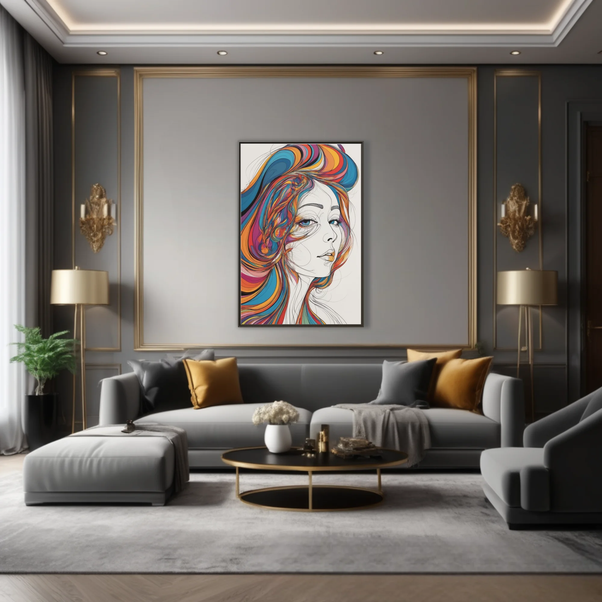 Contemporary line-art portrait of woman with swirling rainbow hair on white, bold and expressive