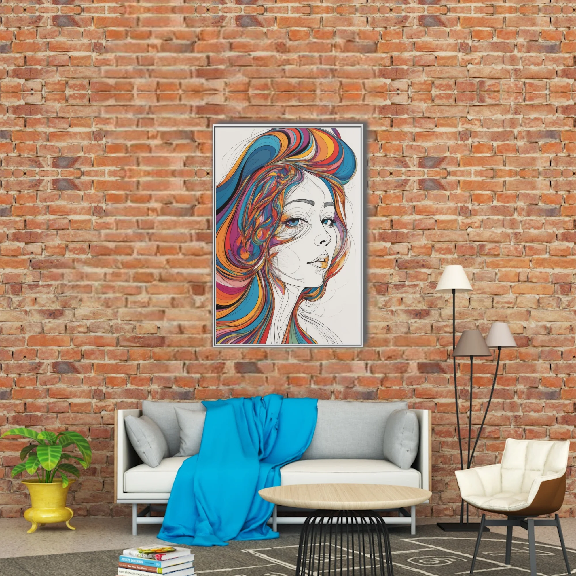 Contemporary line-art portrait of woman with swirling rainbow hair on white, bold and expressive