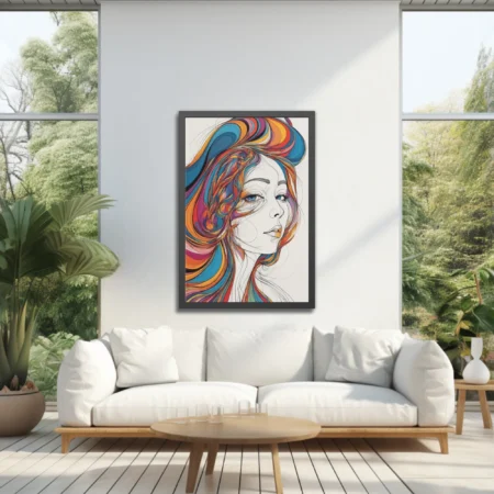 Contemporary line-art portrait of woman with swirling rainbow hair on white, bold and expressive