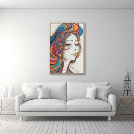Contemporary line-art portrait of woman with swirling rainbow hair on white, bold and expressive