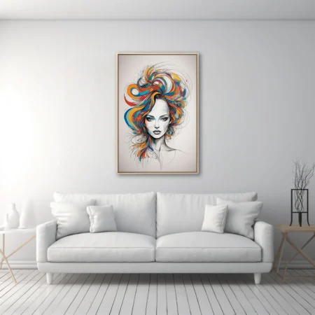 Abstract line-art woman portrait with explosive multicolor swirling hair, monochrome face