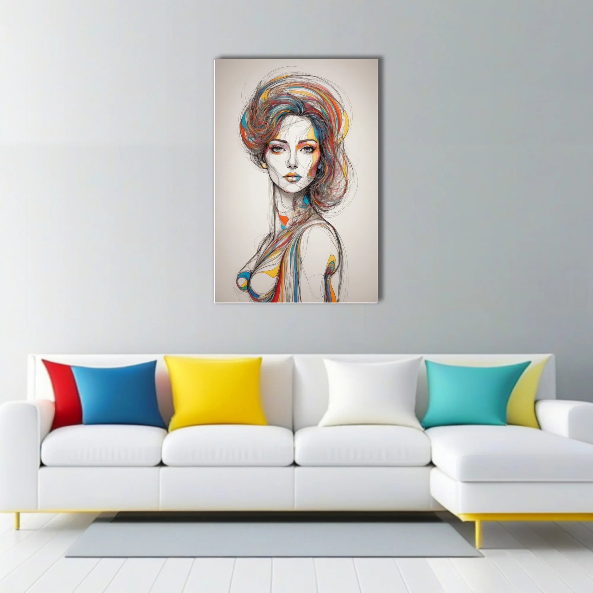 Abstract woman portrait colorful line-art sketch with swirling multicolor hair