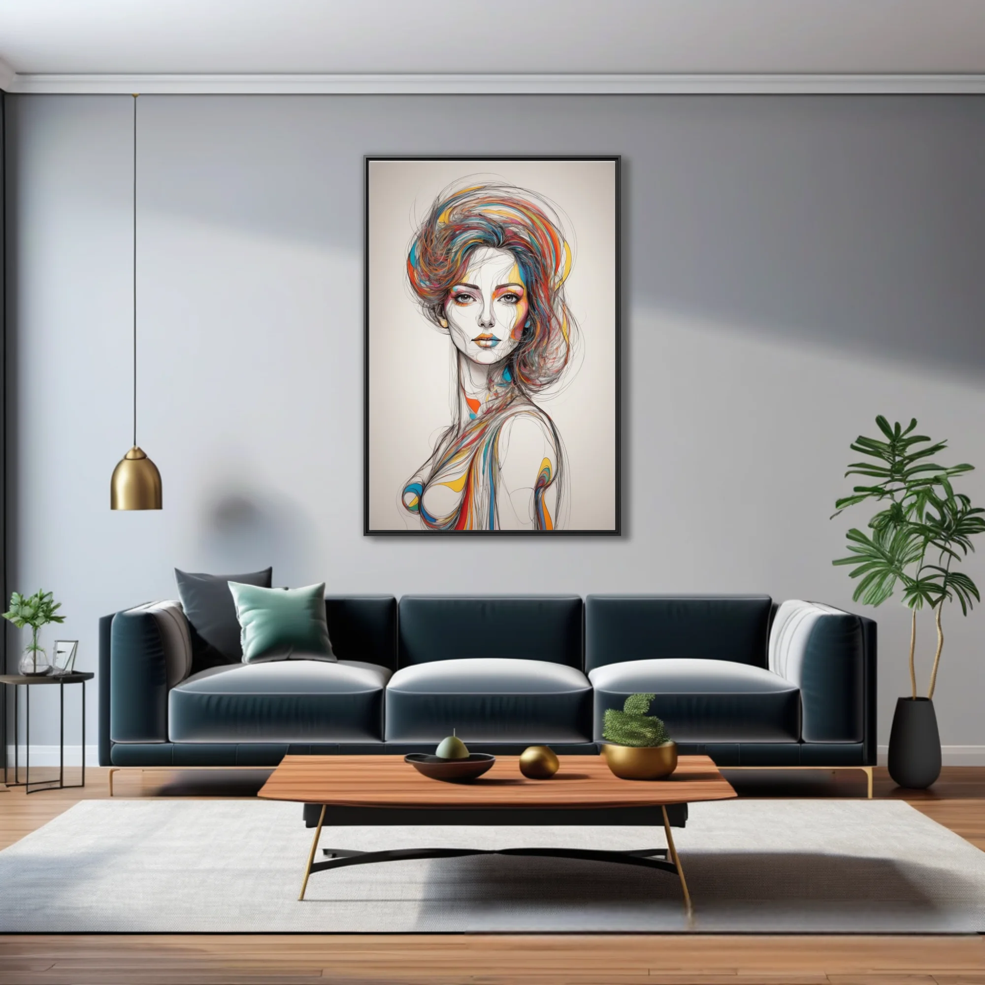 Abstract woman portrait colorful line-art sketch with swirling multicolor hair