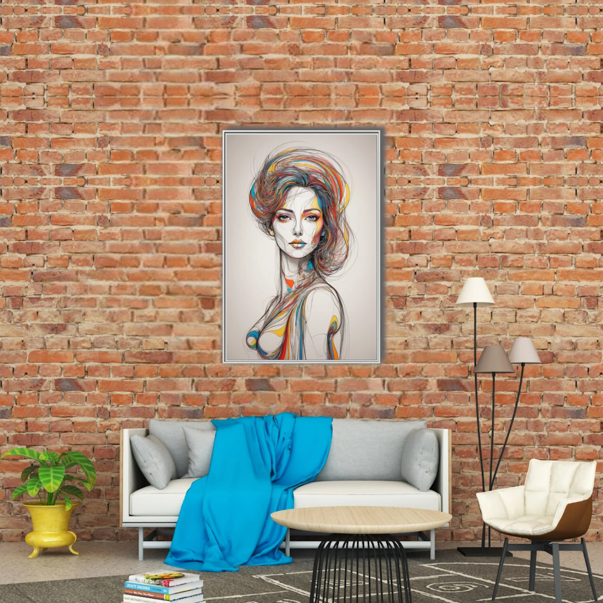 Abstract woman portrait colorful line-art sketch with swirling multicolor hair