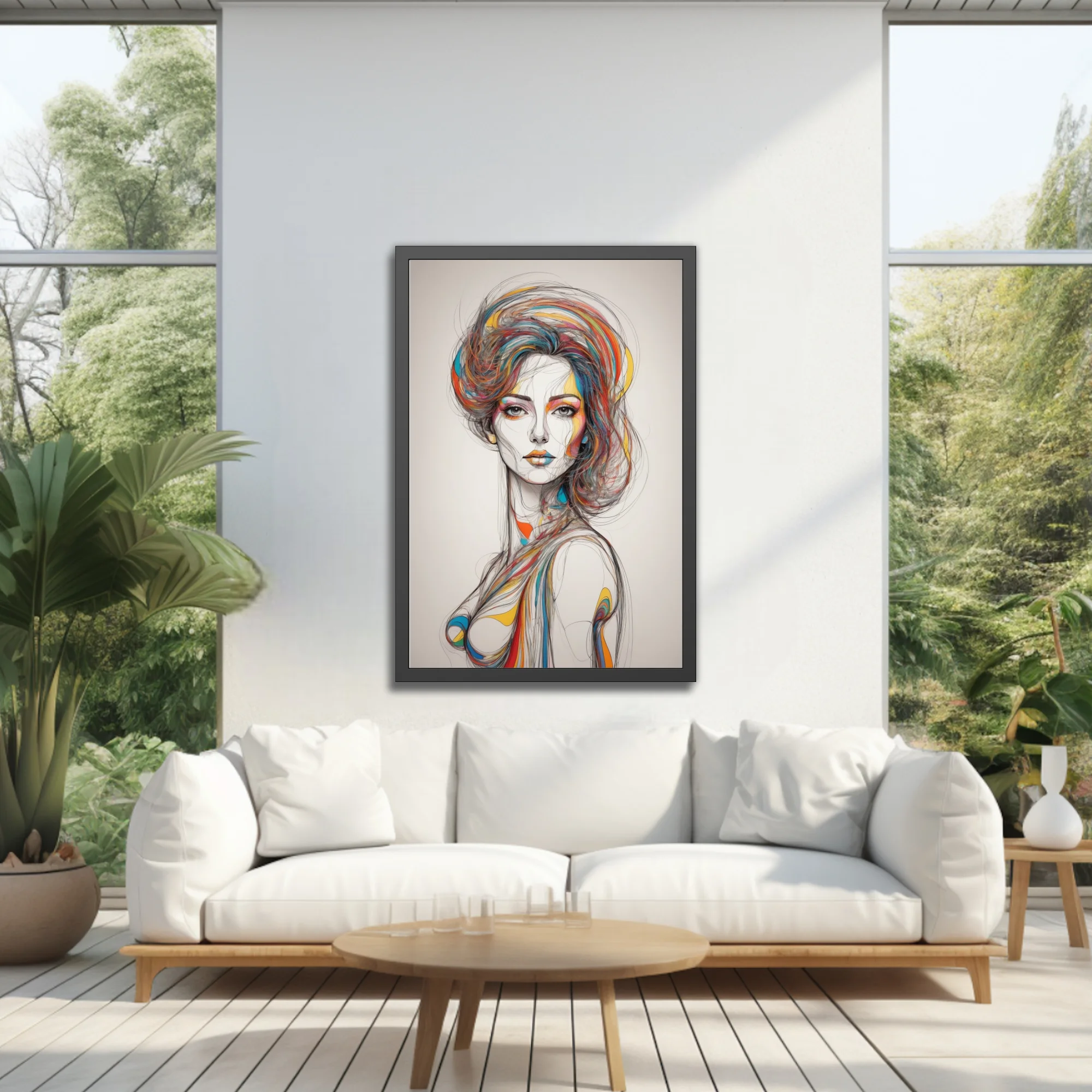 Abstract woman portrait colorful line-art sketch with swirling multicolor hair