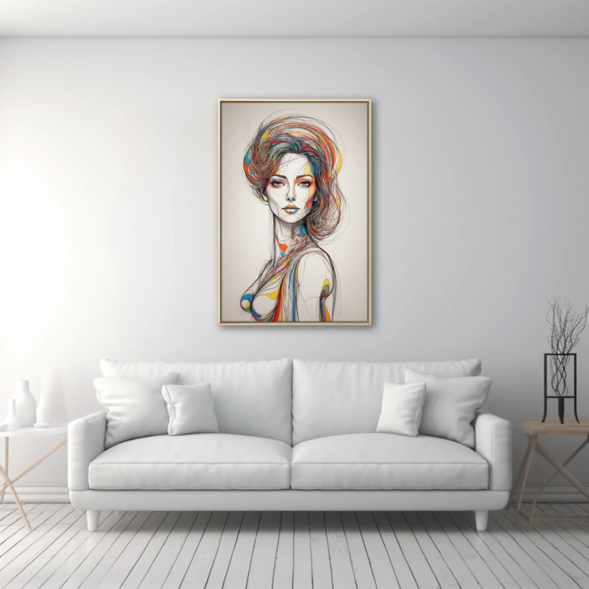 Abstract woman portrait colorful line-art sketch with swirling multicolor hair