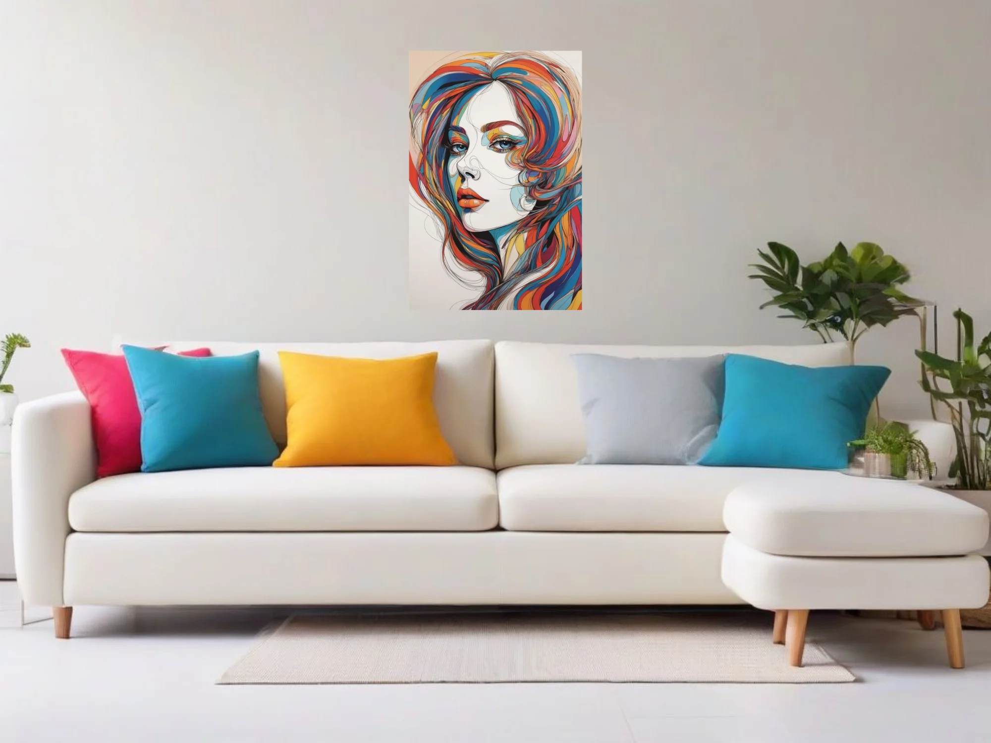 Abstract woman portrait with vibrant multicolor hair and bold graphic line-art style