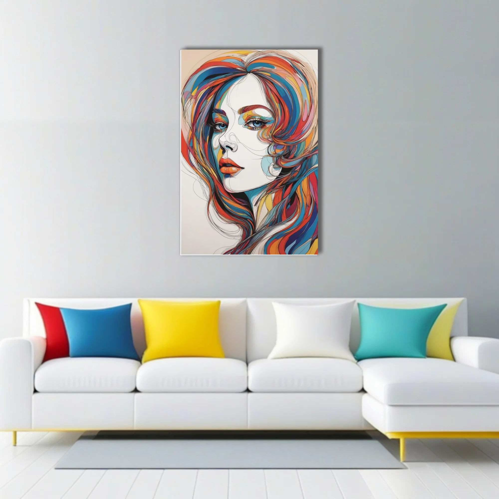 Abstract woman portrait with vibrant multicolor hair and bold graphic line-art style