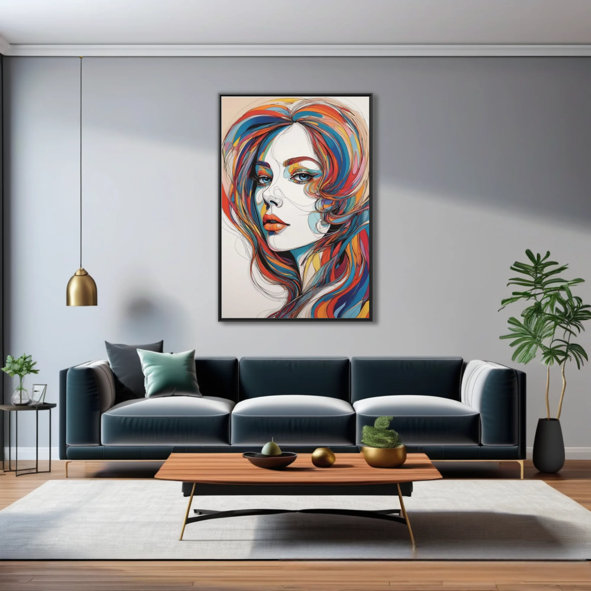 Abstract woman portrait with vibrant multicolor hair and bold graphic line-art style