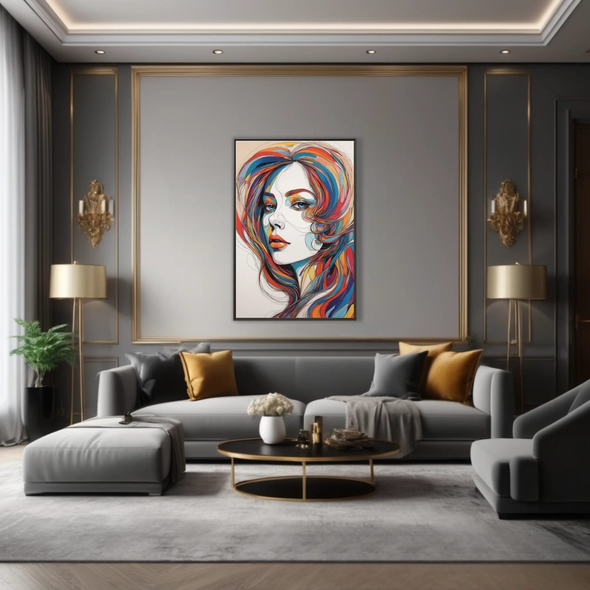 Abstract woman portrait with vibrant multicolor hair and bold graphic line-art style