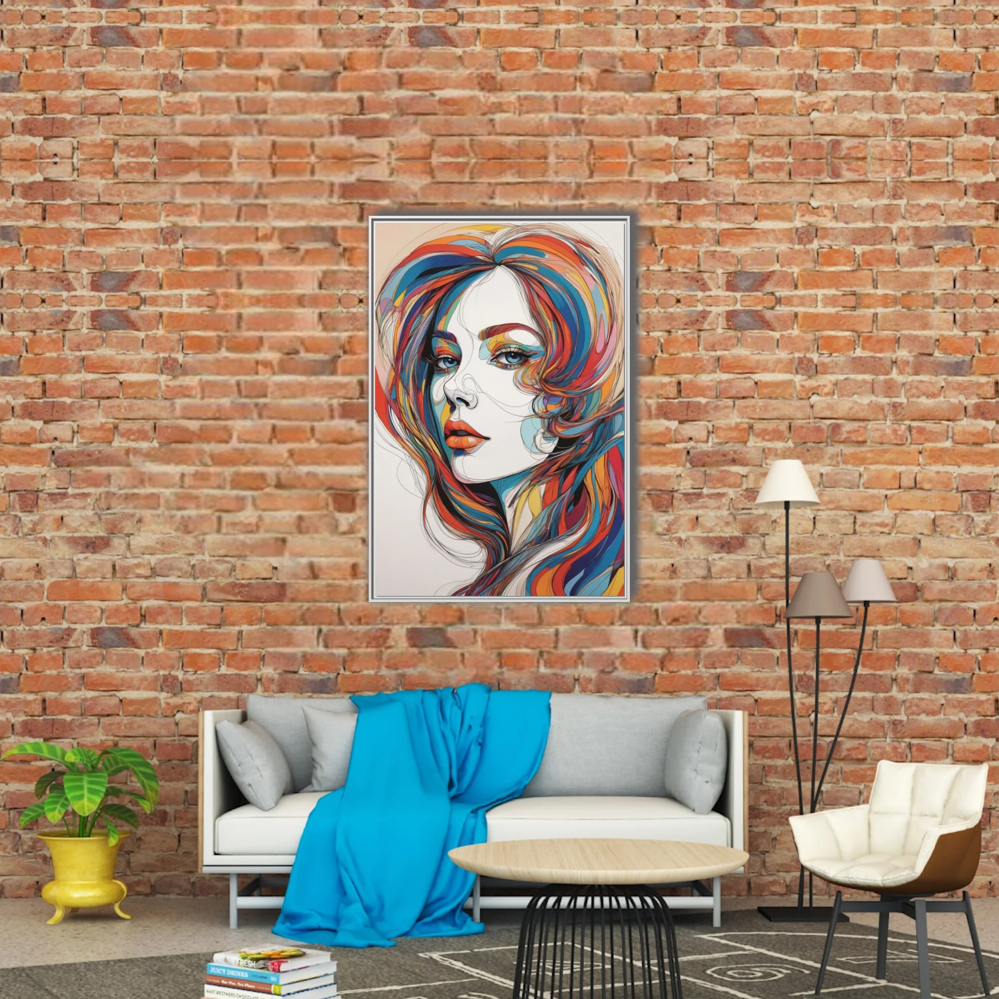 Abstract woman portrait with vibrant multicolor hair and bold graphic line-art style