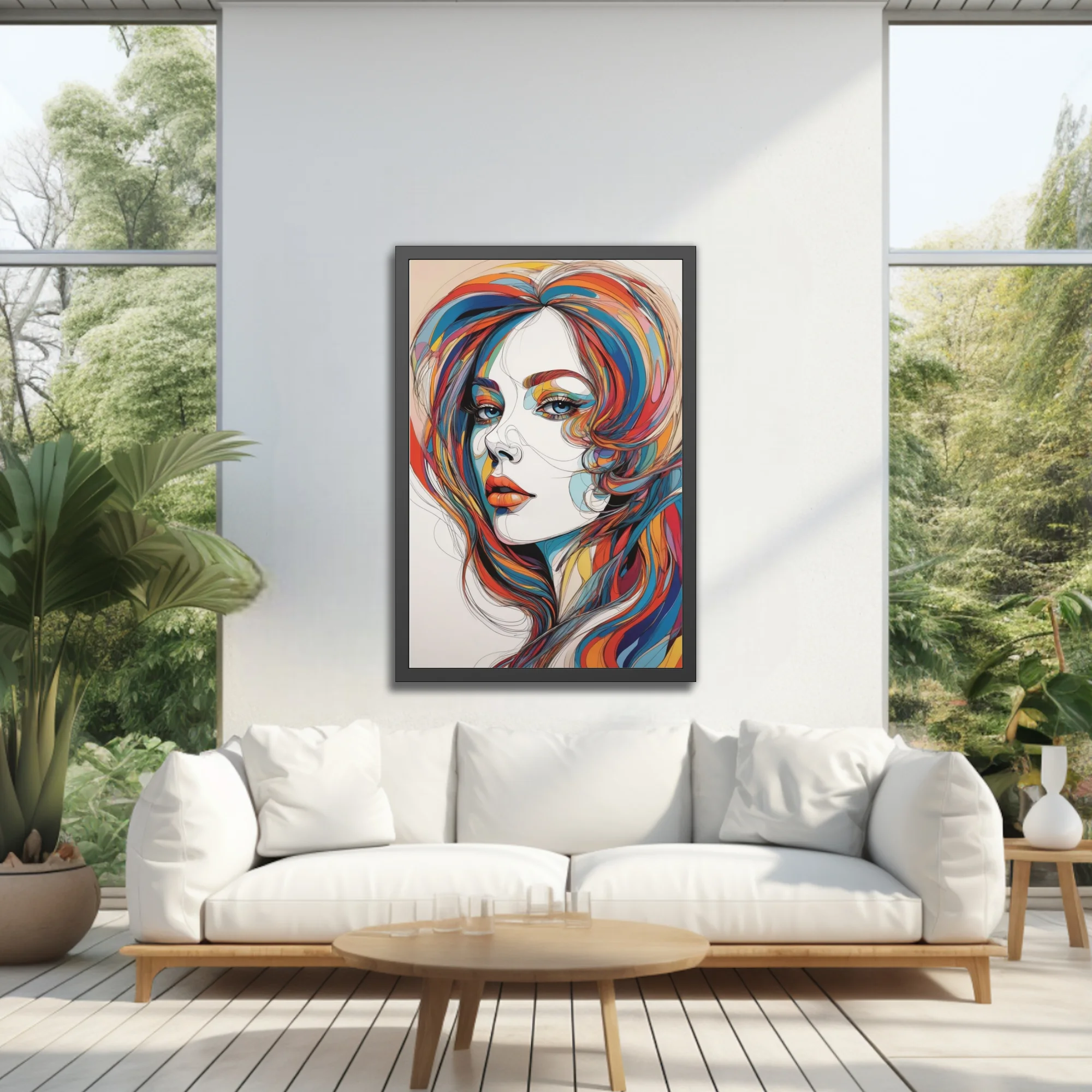 Abstract woman portrait with vibrant multicolor hair and bold graphic line-art style