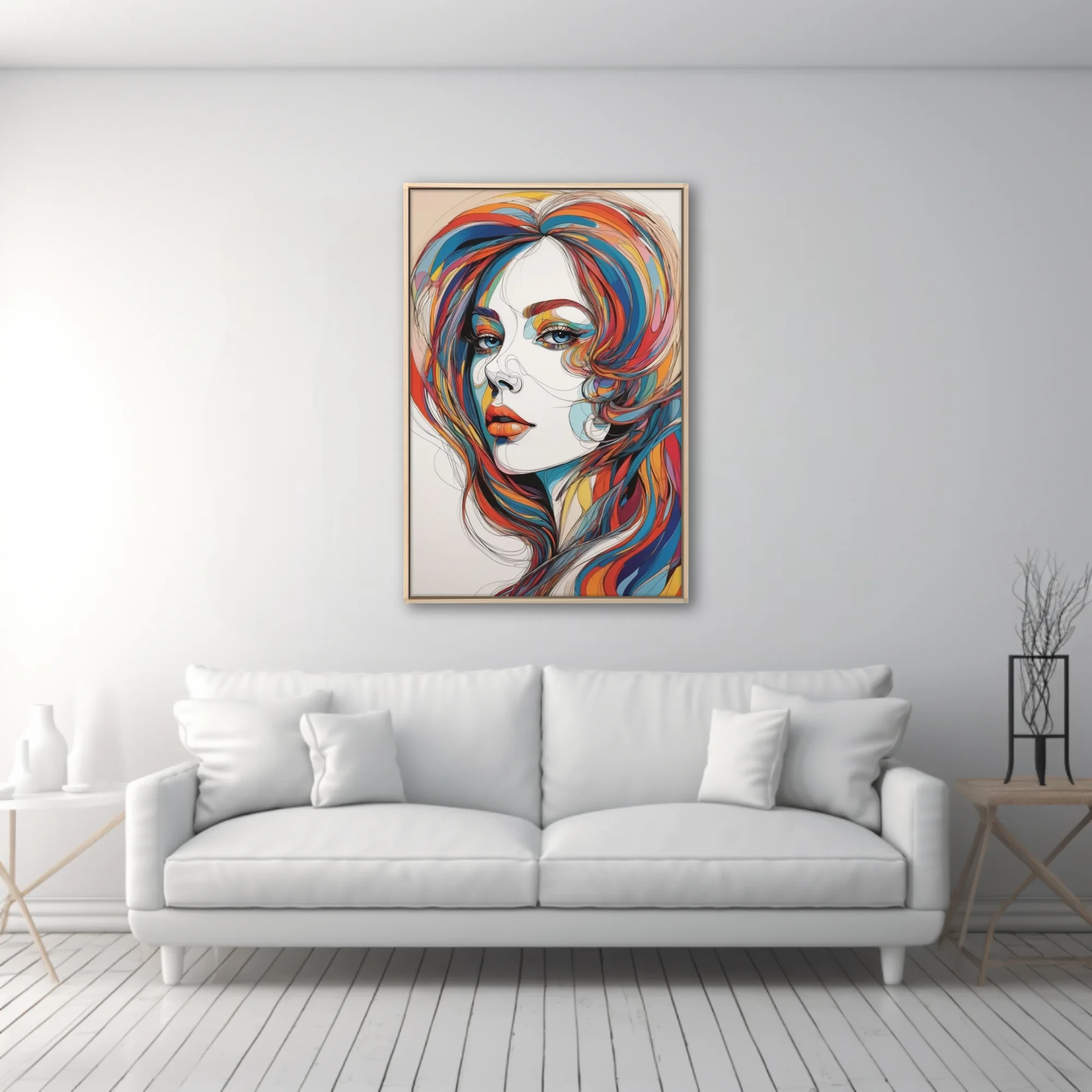 Abstract woman portrait with vibrant multicolor hair and bold graphic line-art style